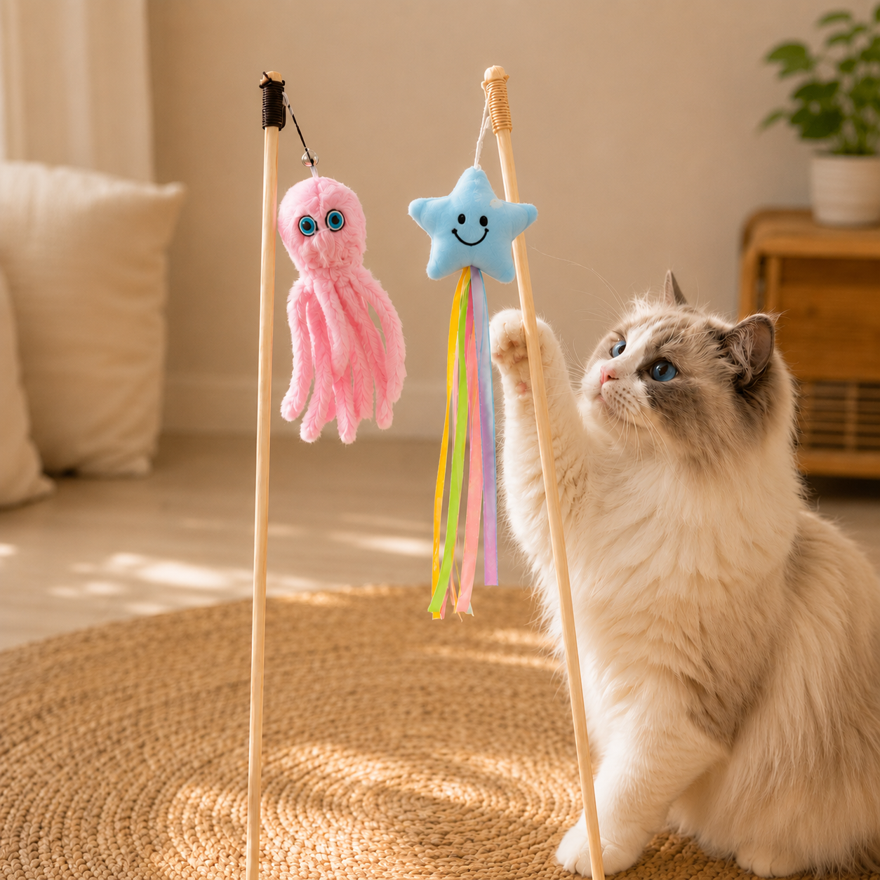 Set de 2 varitas de 40cm. Varita con Peluche y cintas + Varita con Pulpito